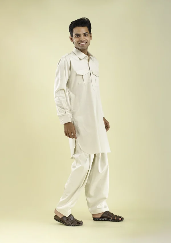 Nawab Parker Eid Special Cream Colour Pathani Kurta Pajama for Men right view