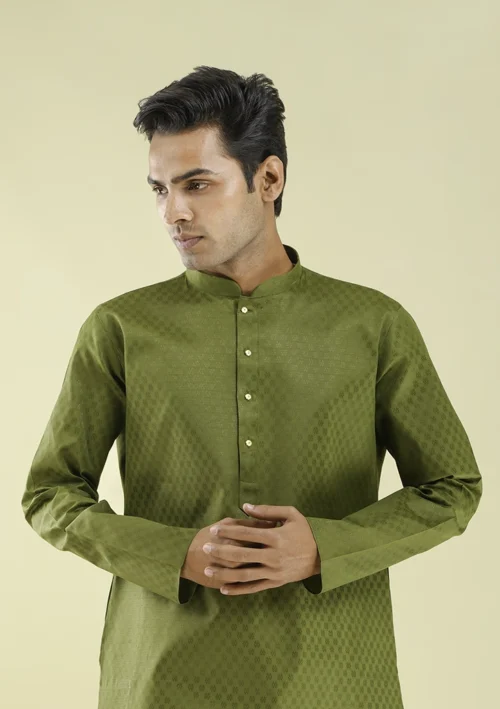 Nawab Parker Explore Jacquard Men’s Mehndi Colour Kurta Pajama half front view
