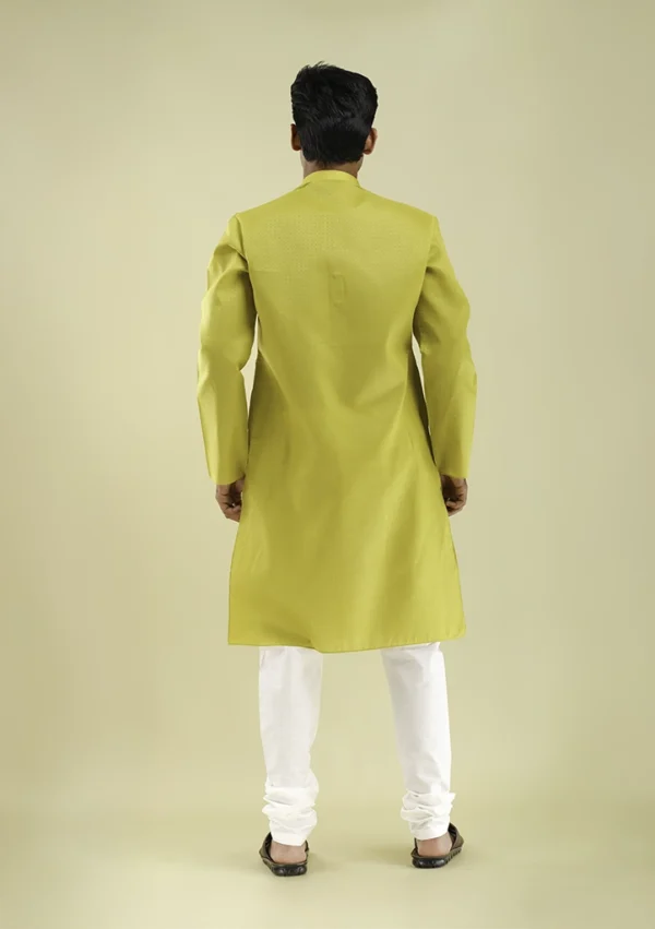 Nawab Parker Mehndi Yellow self Patterned Kurta Pajama for Men back view