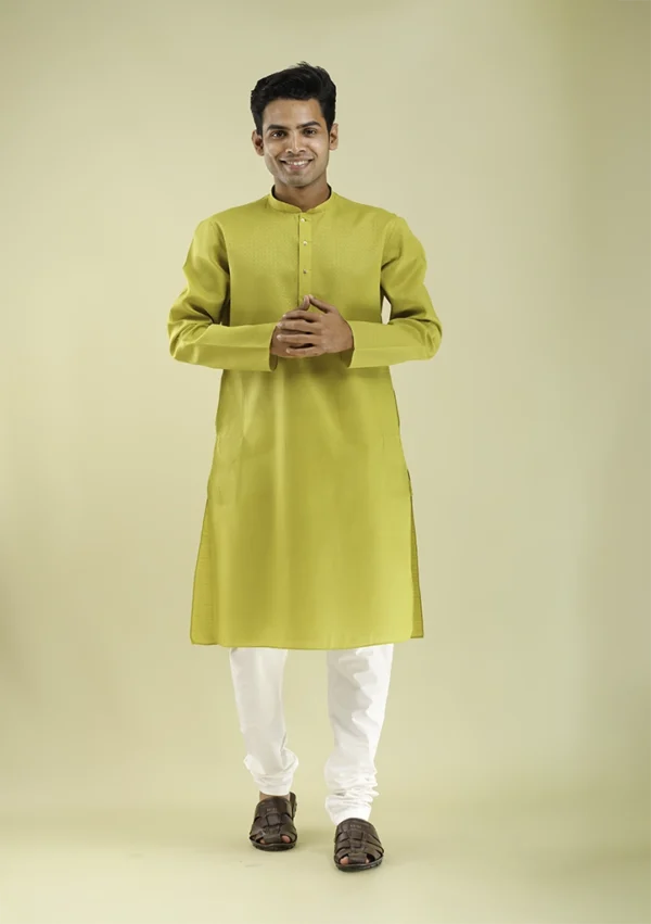 Nawab Parker Mehndi Yellow self Patterned Kurta Pajama for Men front view