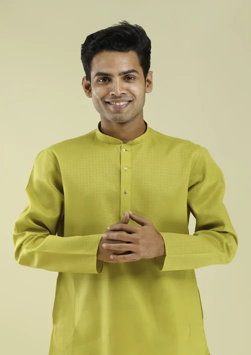 Nawab Parker Mehndi Yellow self Patterned Kurta Pajama for Men half front view