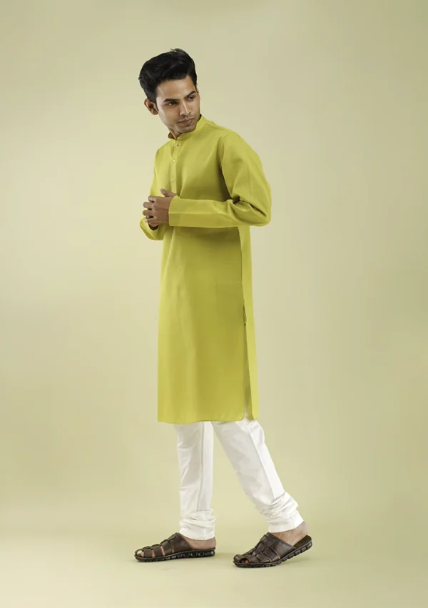 Nawab Parker Mehndi Yellow self Patterned Kurta Pajama for Men left view