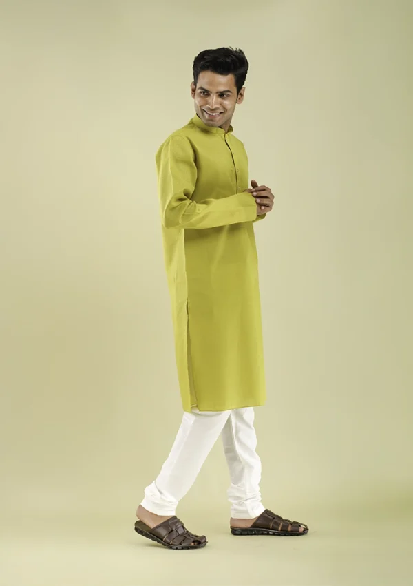 Nawab Parker Mehndi Yellow self Patterned Kurta Pajama for Men right view