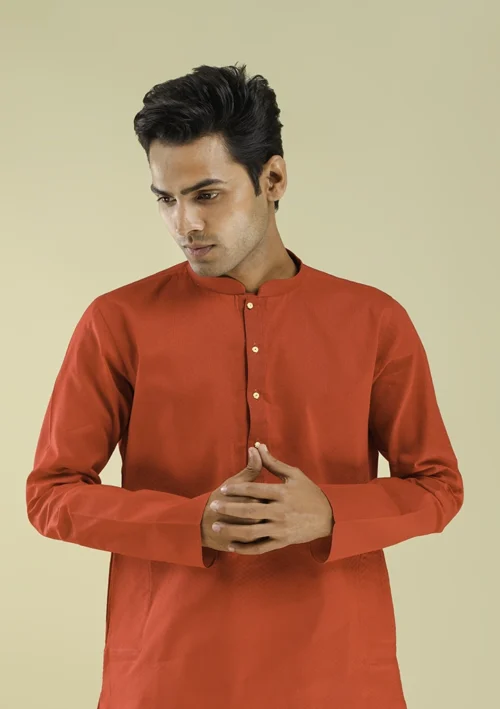 Nawab Parker Men's Cotton Blend Vibrant Red Colour Kurta Pajama front half view