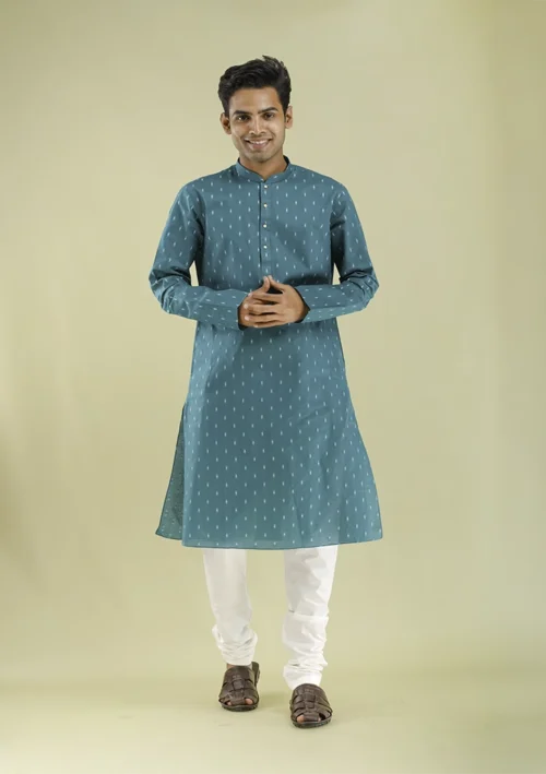 Nawab Parker Men's Stylish Printed Peacock Color Kurta Pajama front view