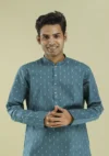 Nawab Parker Men's Stylish Printed Peacock Color Kurta Pajama half front view