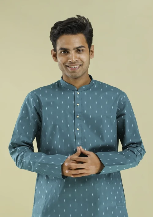 Nawab Parker Men's Stylish Printed Peacock Color Kurta Pajama half front view