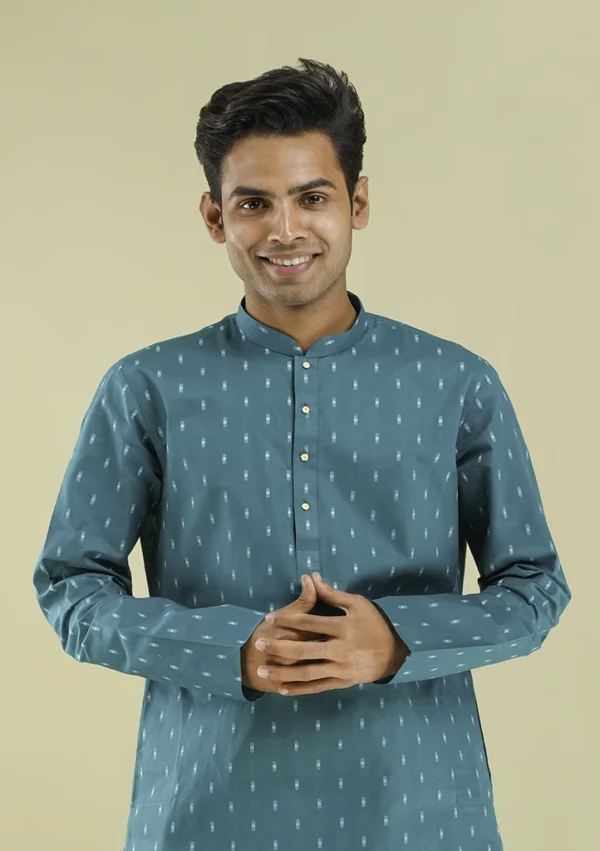 Nawab Parker Men's Stylish Printed Peacock Color Kurta Pajama half front view