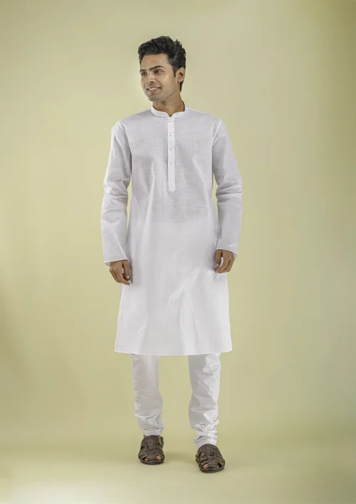 Nawab Parker Men's White Kurta Pajama with Mandarin Collar front view