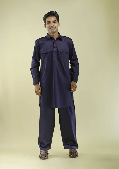 Nawab Parker Navy Blue Pathani Kurta Pajama for Men Punjabi Wedding Wear front view
