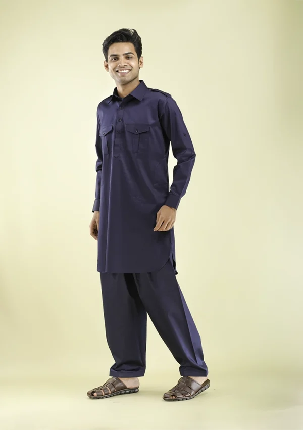 Nawab Parker Navy Blue Pathani Kurta Pajama for Men Punjabi Wedding Wear left view