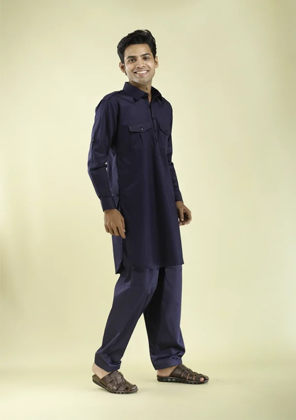 Nawab Parker Navy Blue Pathani Kurta Pajama for Men Punjabi Wedding Wear right view