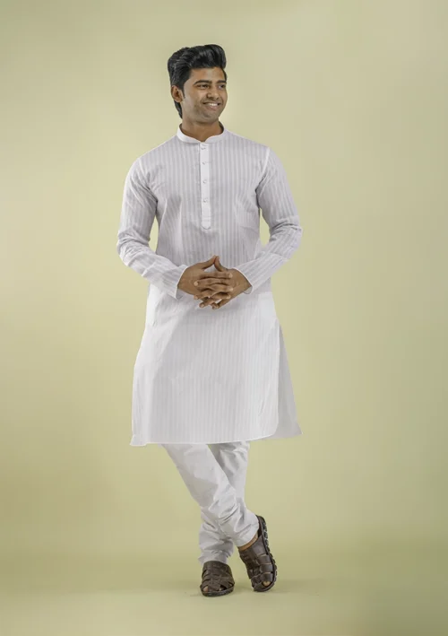 Nawab Parker Nawab Parker Stripe Patterned White Kurta Pajama for Men front view