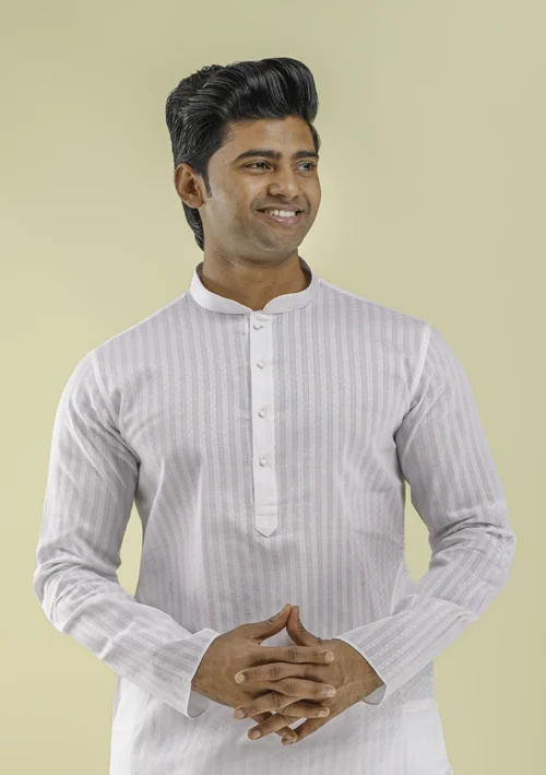 Nawab Parker Nawab Parker Stripe Patterned White Kurta Pajama for Men half front view