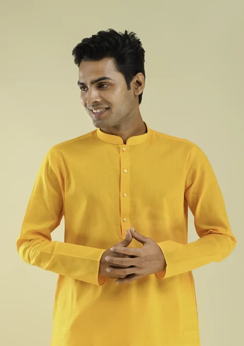 Nawab Parker Nawab Parker Woven Textured Yellow Kurta Set for Men half front view