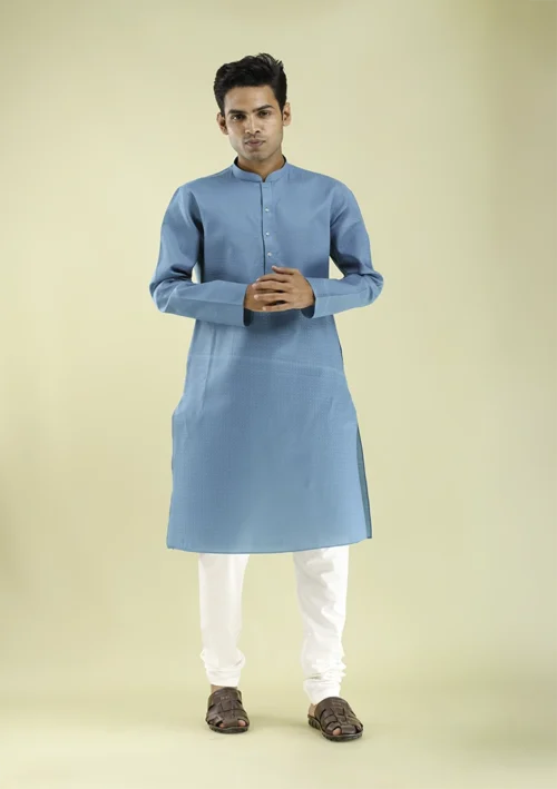 Nawab Parker New Textured Blue Gents Kurta Pajama Design front view