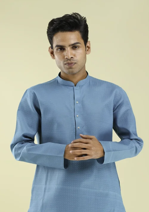 Nawab Parker New Textured Blue Gents Kurta Pajama Design half front view