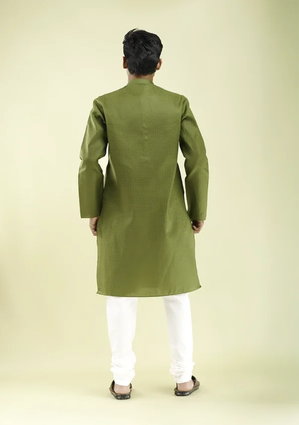 Nawab Parker Olive Green Kurta Pajama with Buttoned Neck Design back view