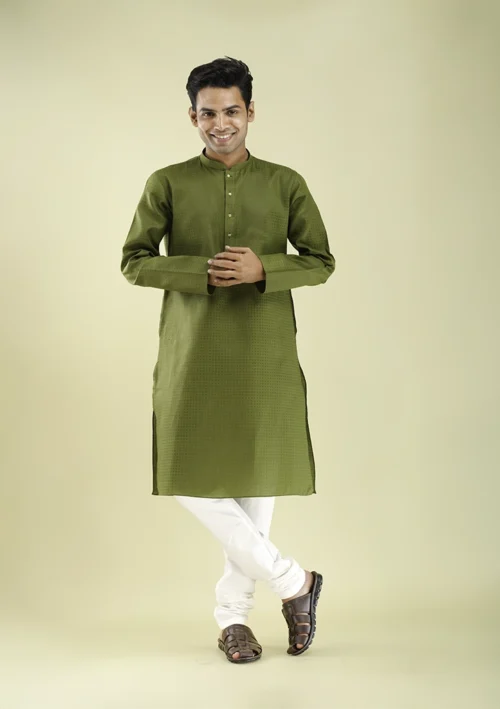 Nawab Parker Olive Green Kurta Pajama with Buttoned Neck Design front view