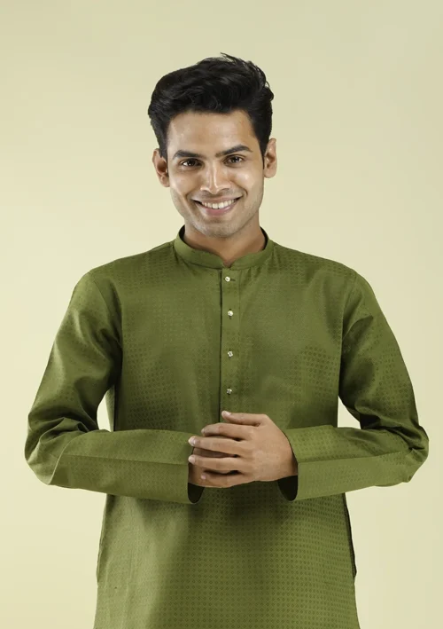 Nawab Parker Olive Green Kurta Pajama with Buttoned Neck Design half front view