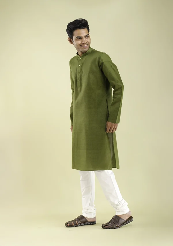 Nawab Parker Olive Green Kurta Pajama with Buttoned Neck Design left view