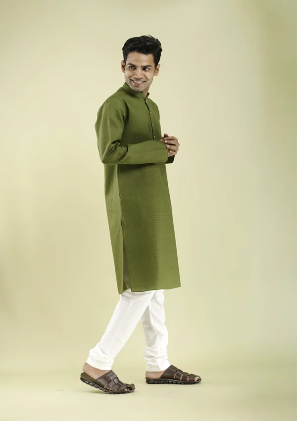 Nawab Parker Olive Green Kurta Pajama with Buttoned Neck Design right view