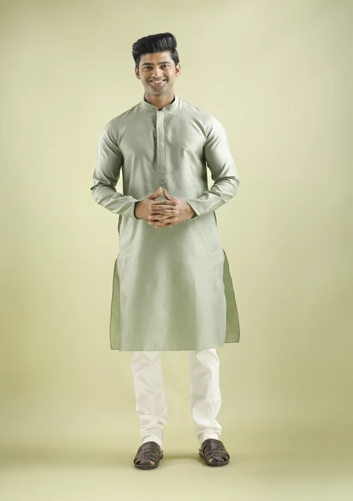 Nawab Parker Pista Green Party Wear Kurta Pajama for Men front view