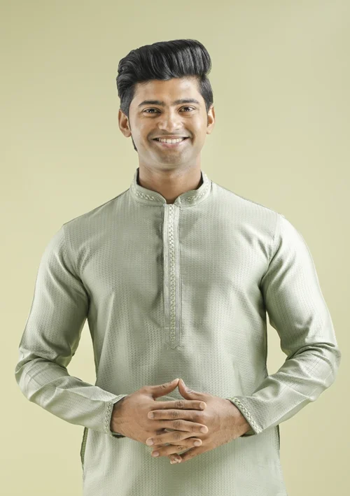 Nawab Parker Pista Green Party Wear Kurta Pajama for Men half front view