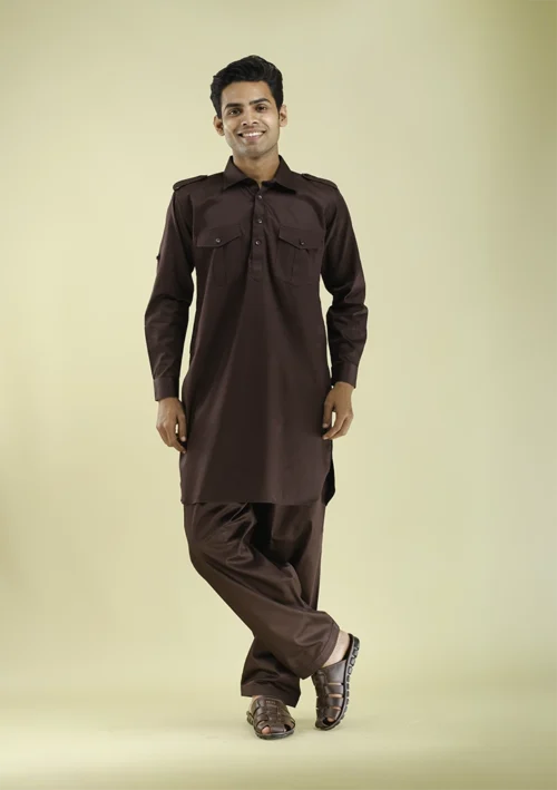 Nawab Parker Punjabi Style Brown Pathani Kurta Pajama for Men front view