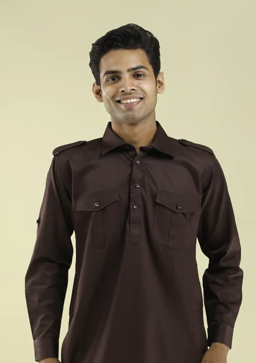 Nawab Parker Punjabi Style Brown Pathani Kurta Pajama for Men half front view