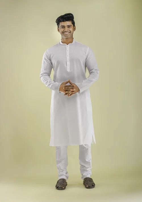 Nawab Parker Self Design White Kurta Pajama for Men front view