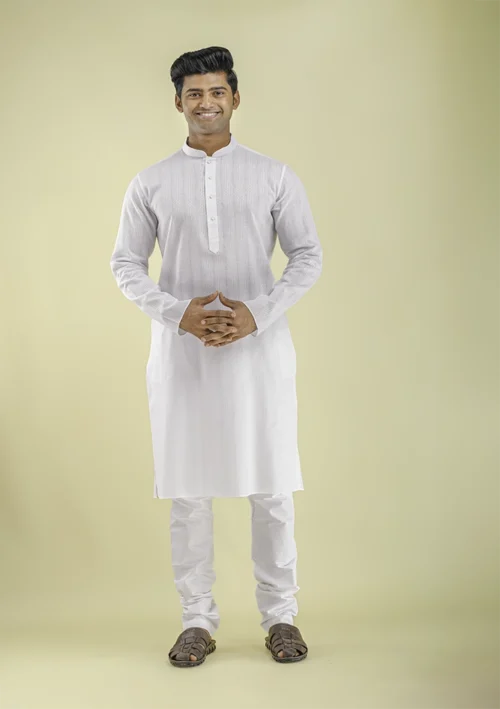 Nawab Parker Self-Jacquard White Kurta Pajama for Wedding Glow front view