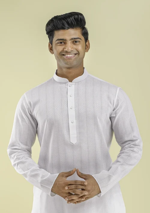 Nawab Parker Self-Jacquard White Kurta Pajama for Wedding Glow half front view