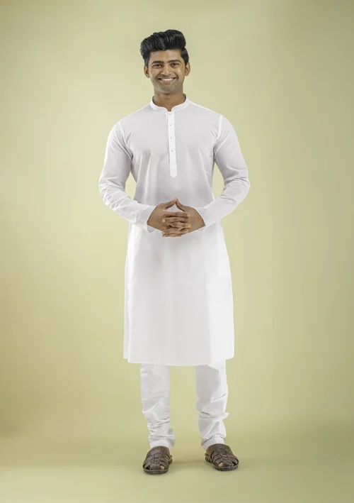 Nawab Parker Simple Plain White Kurta Pajama for Men front view