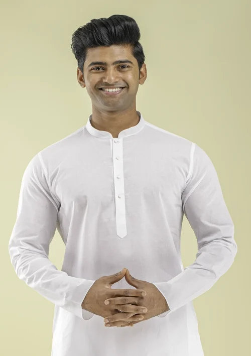 Nawab Parker Simple Plain White Kurta Pajama for Men half front view