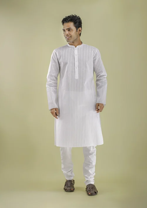 Nawab Parker Striped White Kurta Pajama Design for Men front view