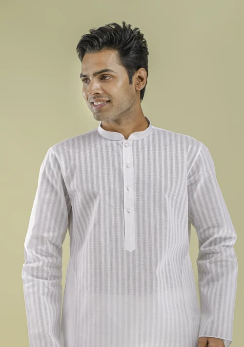 Nawab Parker Striped White Kurta Pajama Design for Men half front view