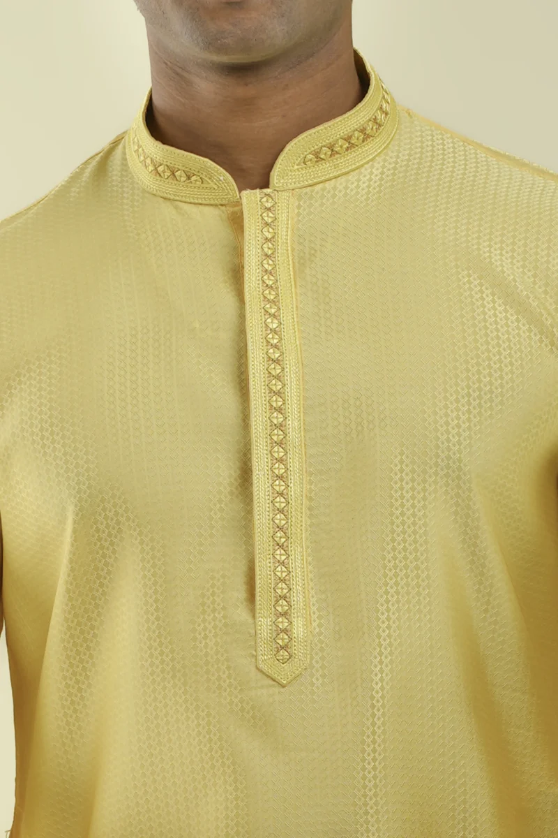 Nawab Parker Stylish Light Yellow Kurta Pajama with Premium Detailing close up view