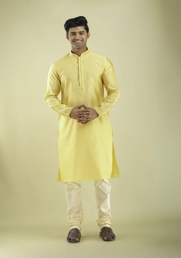 Nawab Parker Stylish Light Yellow Kurta Pajama with Premium Detailing front view