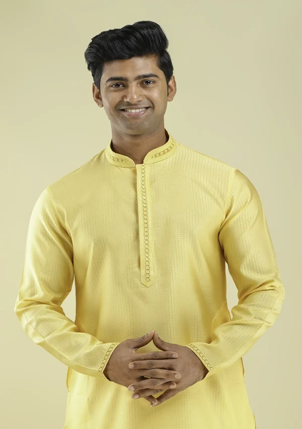 Nawab Parker Stylish Light Yellow Kurta Pajama with Premium Detailing half front view