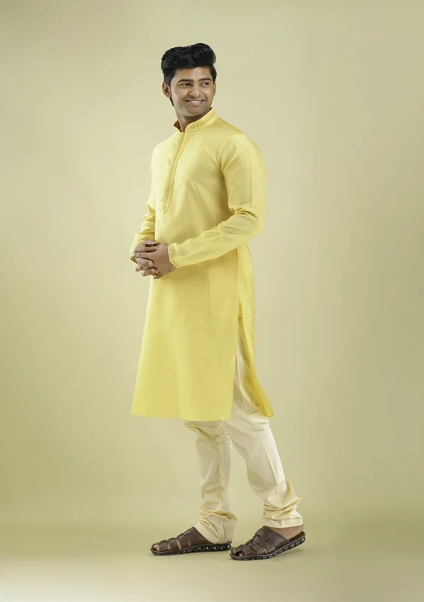 Nawab Parker Stylish Light Yellow Kurta Pajama with Premium Detailing left view