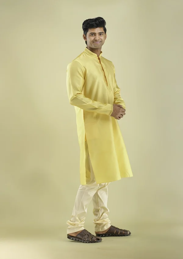 Nawab Parker Stylish Light Yellow Kurta Pajama with Premium Detailing right view
