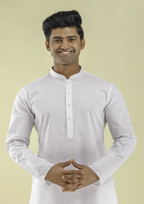 Nawab Parker Stylish White Kurta Pajama for Men Festive Charm half front view