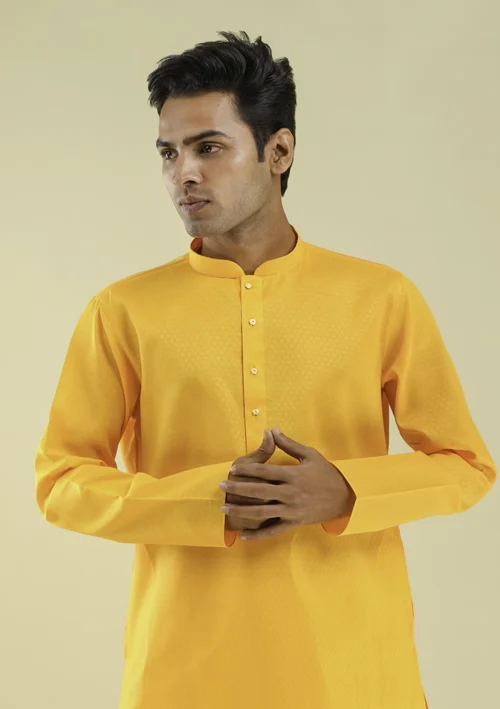 Nawab Parker Stylish Yellow Kurta Pajama for Men Everyday Ethnic Wear half front view