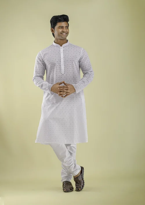 Nawab Parker Traditional Ethnic Wear White Kurta Pajama for Men front view