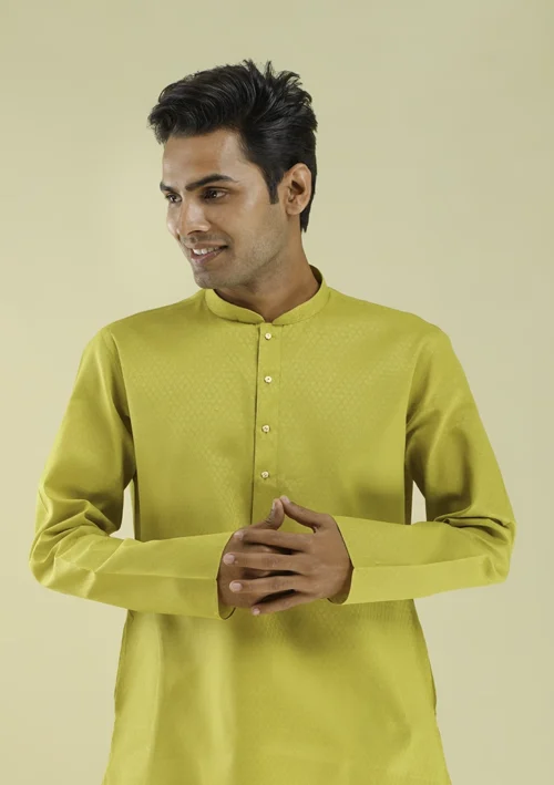 Nawab Parker Trendy Yellow Kurta Pajama Latest Design for Men half front view