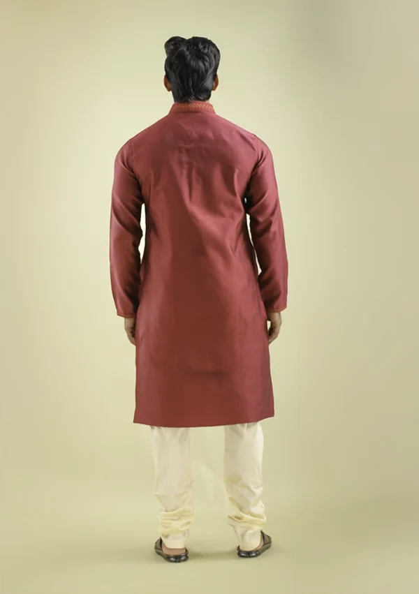Nawab Parker Wedding Wear Maroon Color Kurta Pajama For Men back view