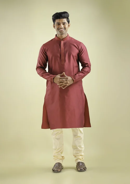 Nawab Parker Wedding Wear Maroon Color Kurta Pajama For Men front view