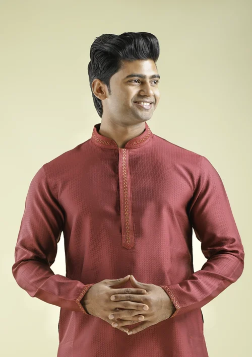 Nawab Parker Wedding Wear Maroon Color Kurta Pajama For Men half front view