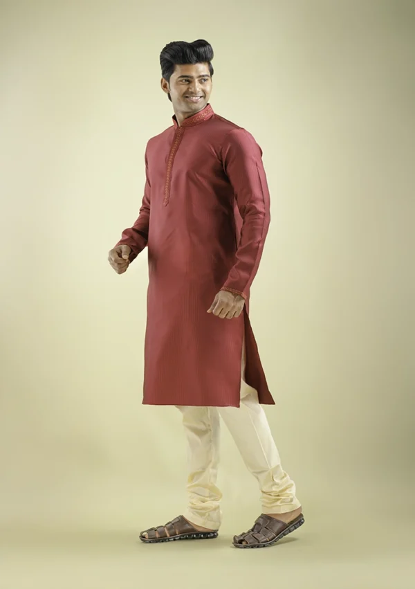 Nawab Parker Wedding Wear Maroon Color Kurta Pajama For Men left view